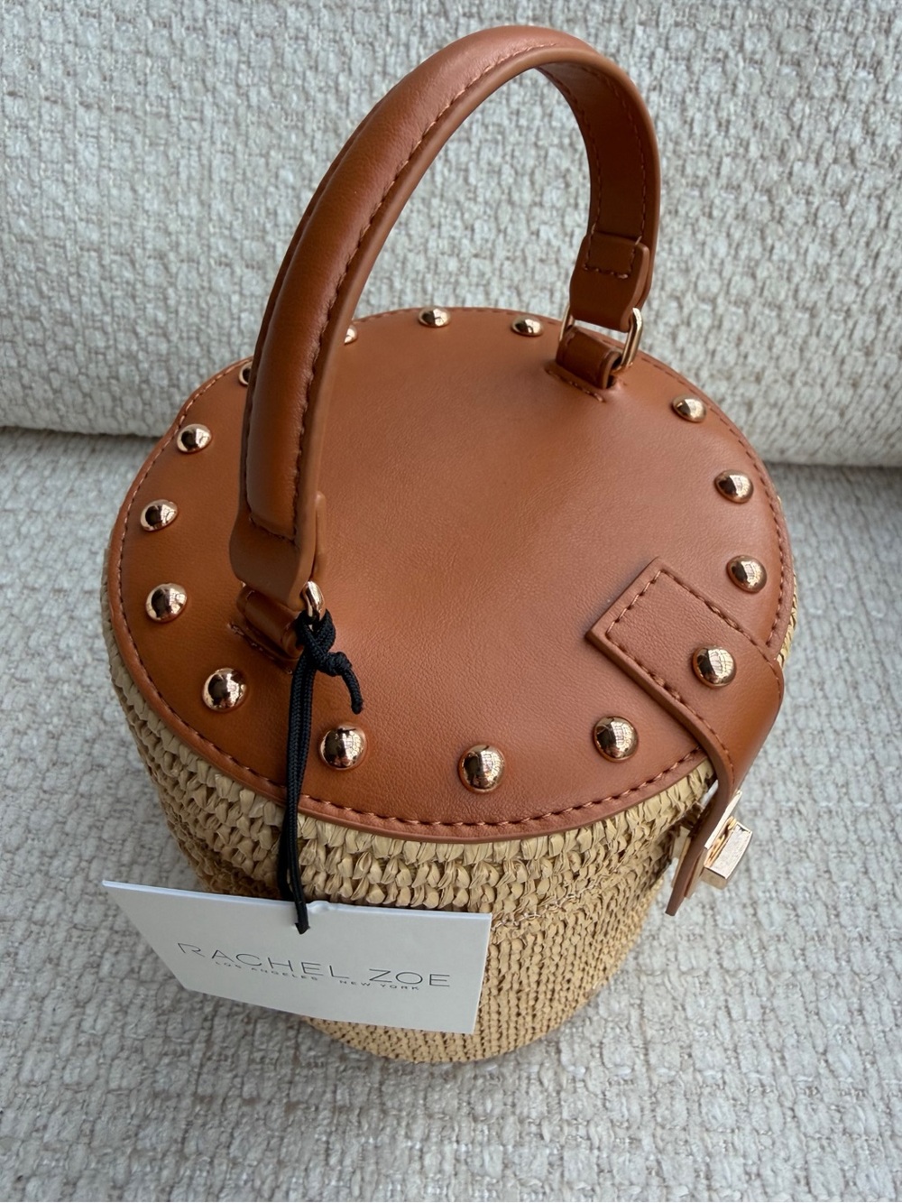 Rachel Zoe Woven Straw Cylinder Vanity Bucket Bag Crossbody Top Handle Studded - Picture 10 of 10